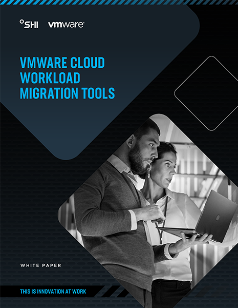 VMware Cloud workload migration tools icon - showing company logo, title and a man and a woman looking at a laptop