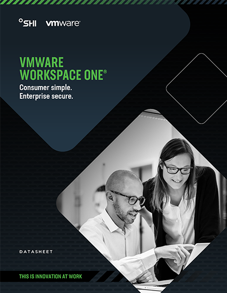 Data Sheet Workspace One datasheet cover - company logo, two people looking at a computer