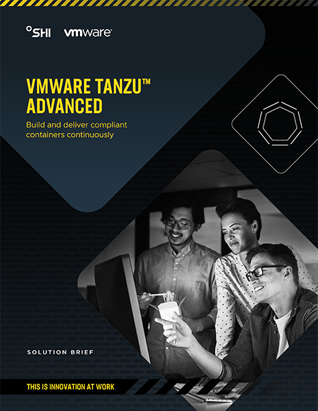 VMware SHI Tanzu Advanced Thumbnail showing company logo, title and three people looking at a monitor