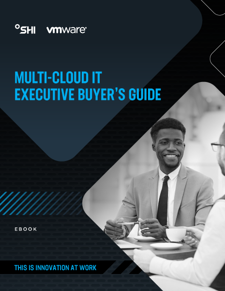 eBook Multi Cloud Exec Buyers Guide thumbnail showing company logo, title and two men at a meeting