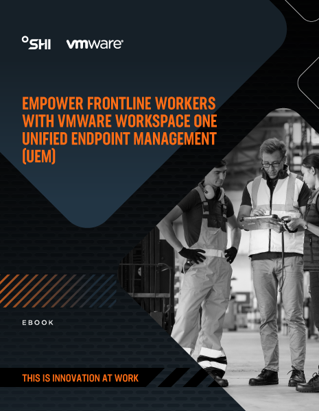 Empower frontline workers ebook thumbnail, showing company logo, title and three workers looking at a tablet