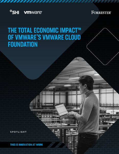 SHI VMware Forrester report cover showing title, company logos and a man holding a computer